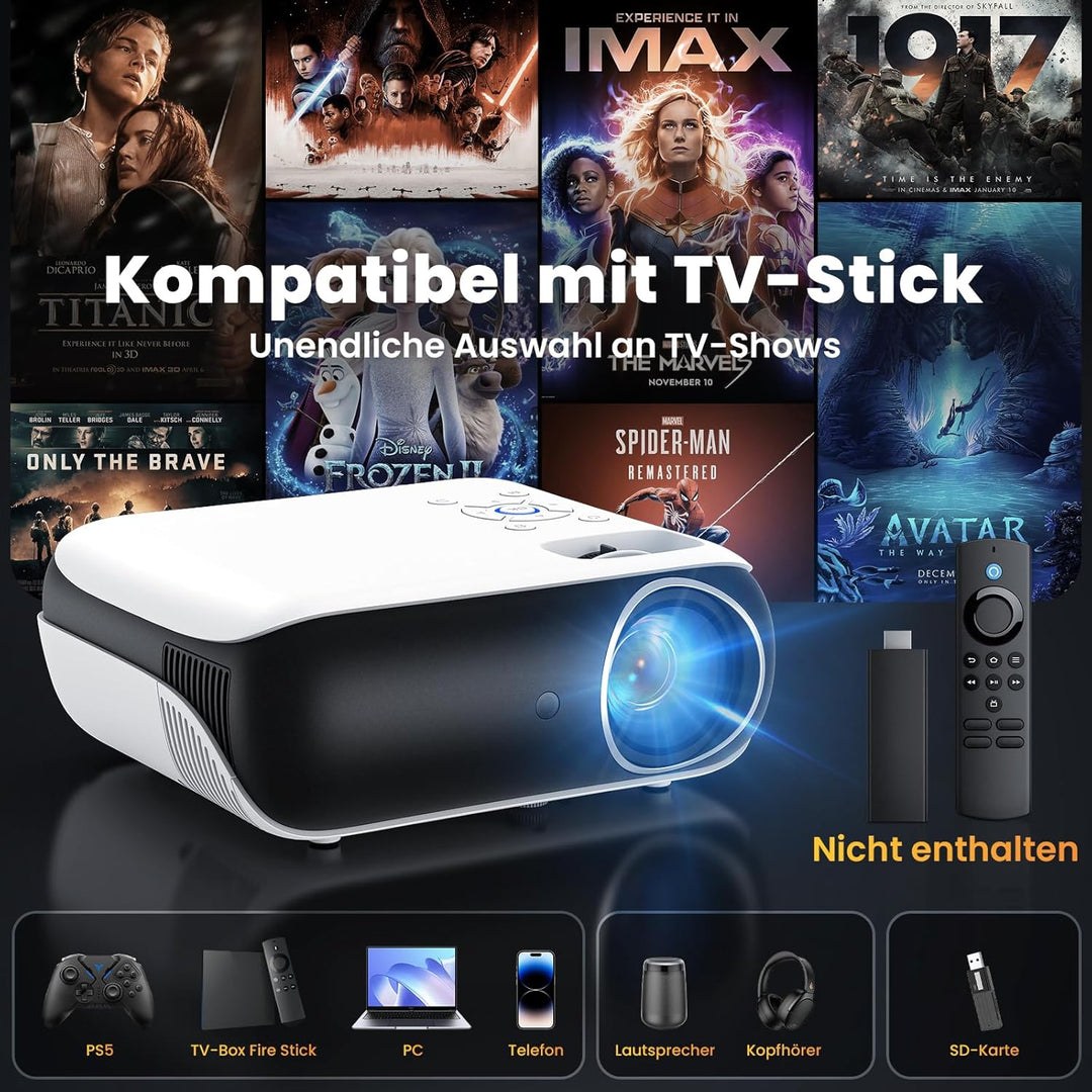 HOPVISON Beamer 4K Unterstützt, 9500 Lumen Beamer Bluetooth 5.1, Native 1080P Tragbare Mini Heimkino