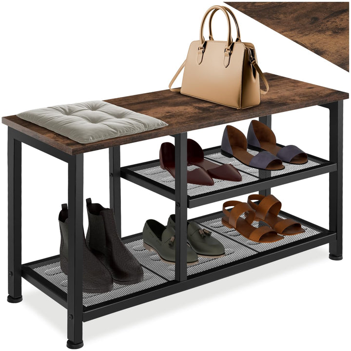 tectake 800949 Schuhregal schmal mit Sitzfläche, Schuhbank aus Holz und Metall, Industrie-Design, 3