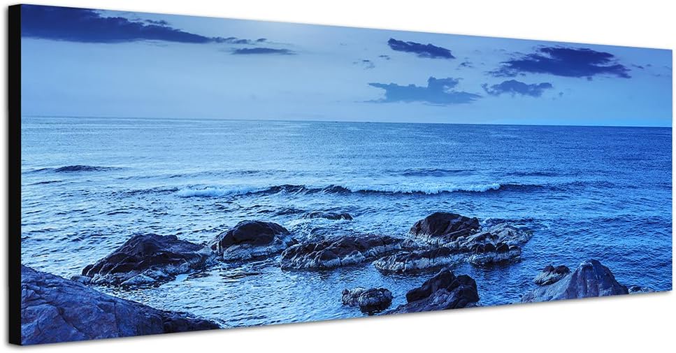 Paul Sinus Art Panoramabild auf Leinwand und Keilrahmen 150x50cm Meer Felsen Steine Nacht Vollmond