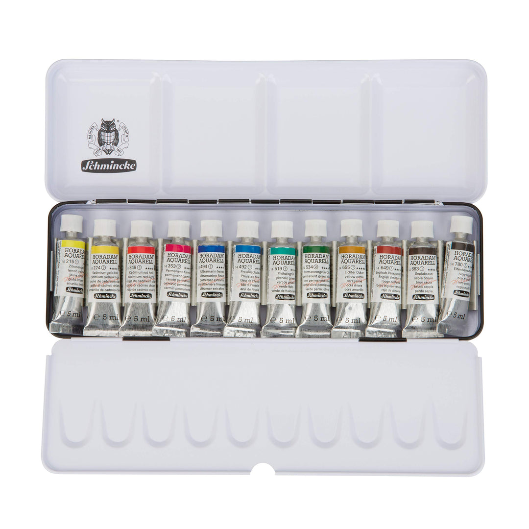 Schmincke – HORADAM AQUARELL Farbkasten, Grundsortiment, 12 x 5 ml Tuben, 74112097, Metallkasten, Ma