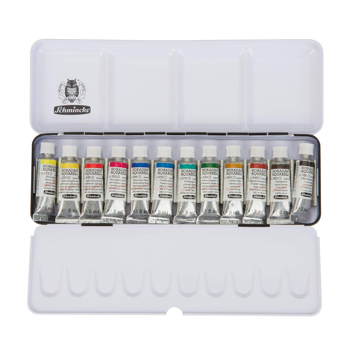 Schmincke – HORADAM AQUARELL Farbkasten, Grundsortiment, 12 x 5 ml Tuben, 74112097, Metallkasten, Ma