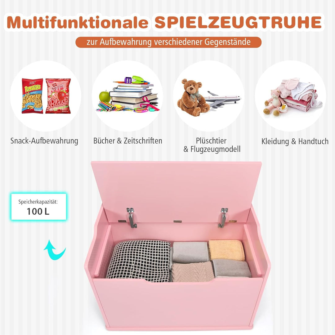 COSTWAY Spielzeugkiste mit Deckel, 2 in 1 Spielzeugtruhe mit Kissen, Spielzeugschrank aus Holz mit T