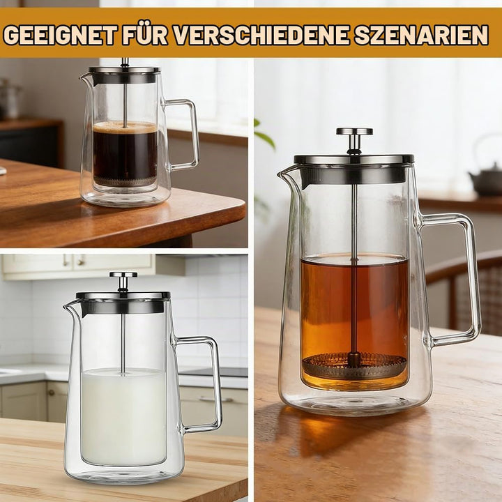 French Press Kaffeebereiter, Glas Kaffeepresse, Kaffeezubereiter für Zuhause, Thermo Doppelwand Desi