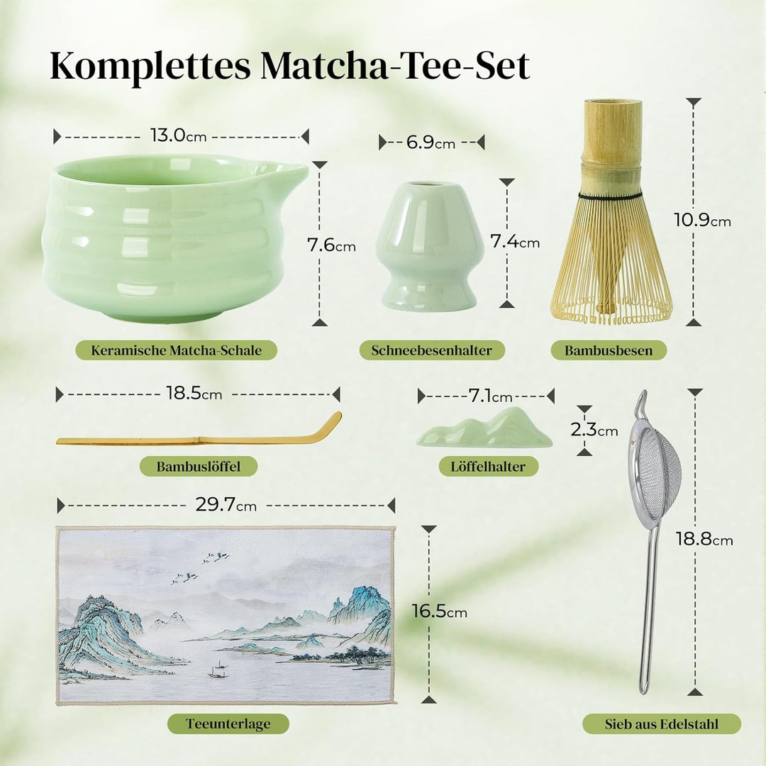 DOWAN Matcha Set, 7 Stück Matcha Tee Set, Matcha Zubehör Grün, Matcha Besen Set Keramik, Matcha Scha