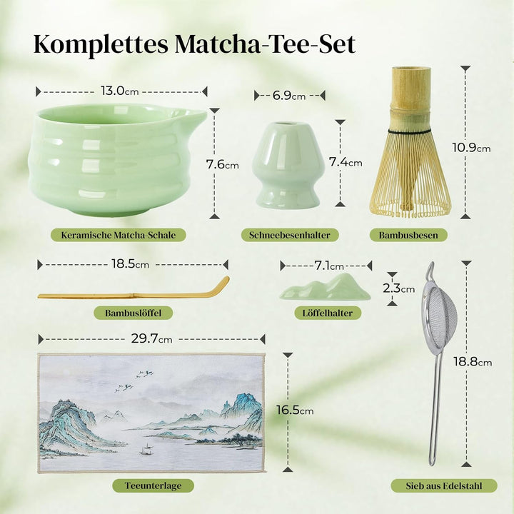 DOWAN Matcha Set, 7 Stück Matcha Tee Set, Matcha Zubehör Grün, Matcha Besen Set Keramik, Matcha Scha