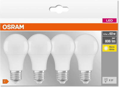 Osram LED Base Classic A, in Kolbenform mit E27-Sockel, Nicht Dimmbar, Ersetzt 60 Watt, Matt, Warmwe