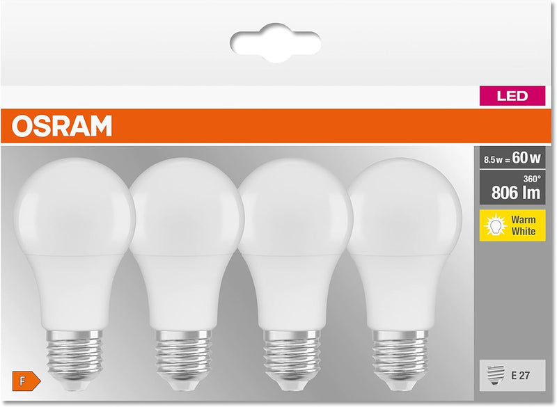 Osram LED Base Classic A, in Kolbenform mit E27-Sockel, Nicht Dimmbar, Ersetzt 60 Watt, Matt, Warmwe