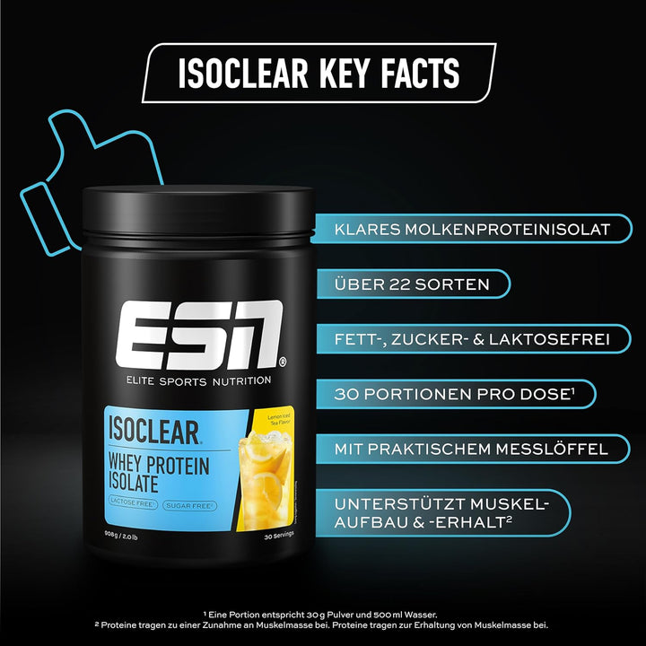 ESN ISOCLEAR Whey Isolate Protein Pulver, Lemon Iced Tea, 908 g, Proteinlimo mit fruchtig leckerem G