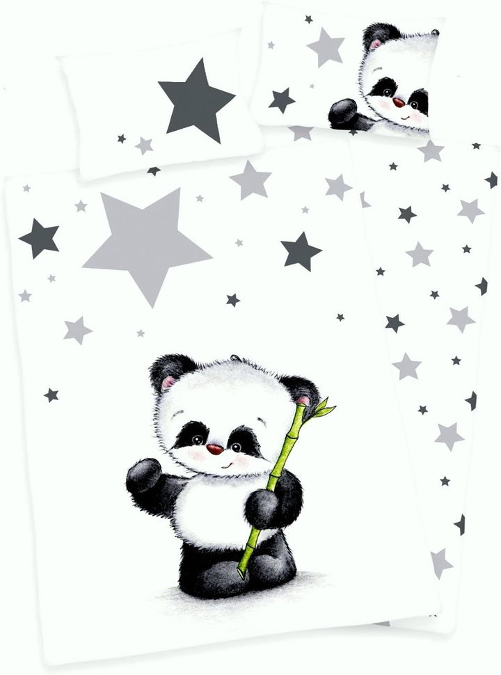 3 tlg. Baby Bettwäsche Wende Motiv: Panda - Flanell 100x135 cm + 40x60 cm + 1 Spannbettlaken 70x140