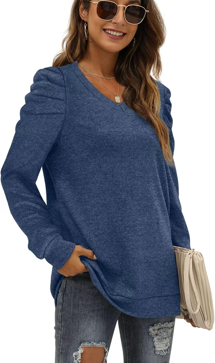XIEERDUO Puffärmel Pullover Damen Herbst Sweatshirt Elegant V Ausschnitt Langarm Shirt Blau S, Blau