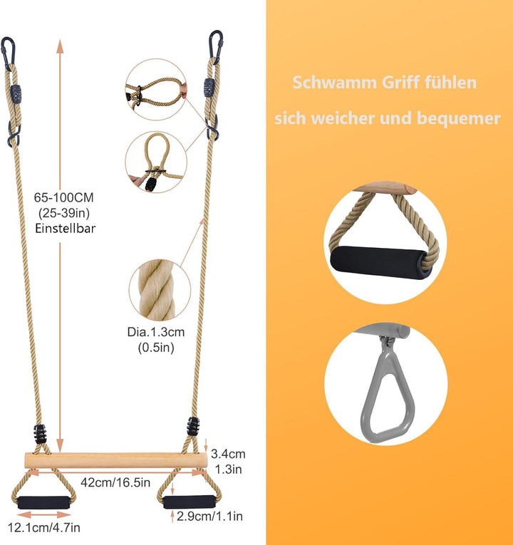 Trapeze Schaukel，Kinderschaukel mit Weicher Schwamm Griff，Multifunktions Einstellbar Kinderholz Trap