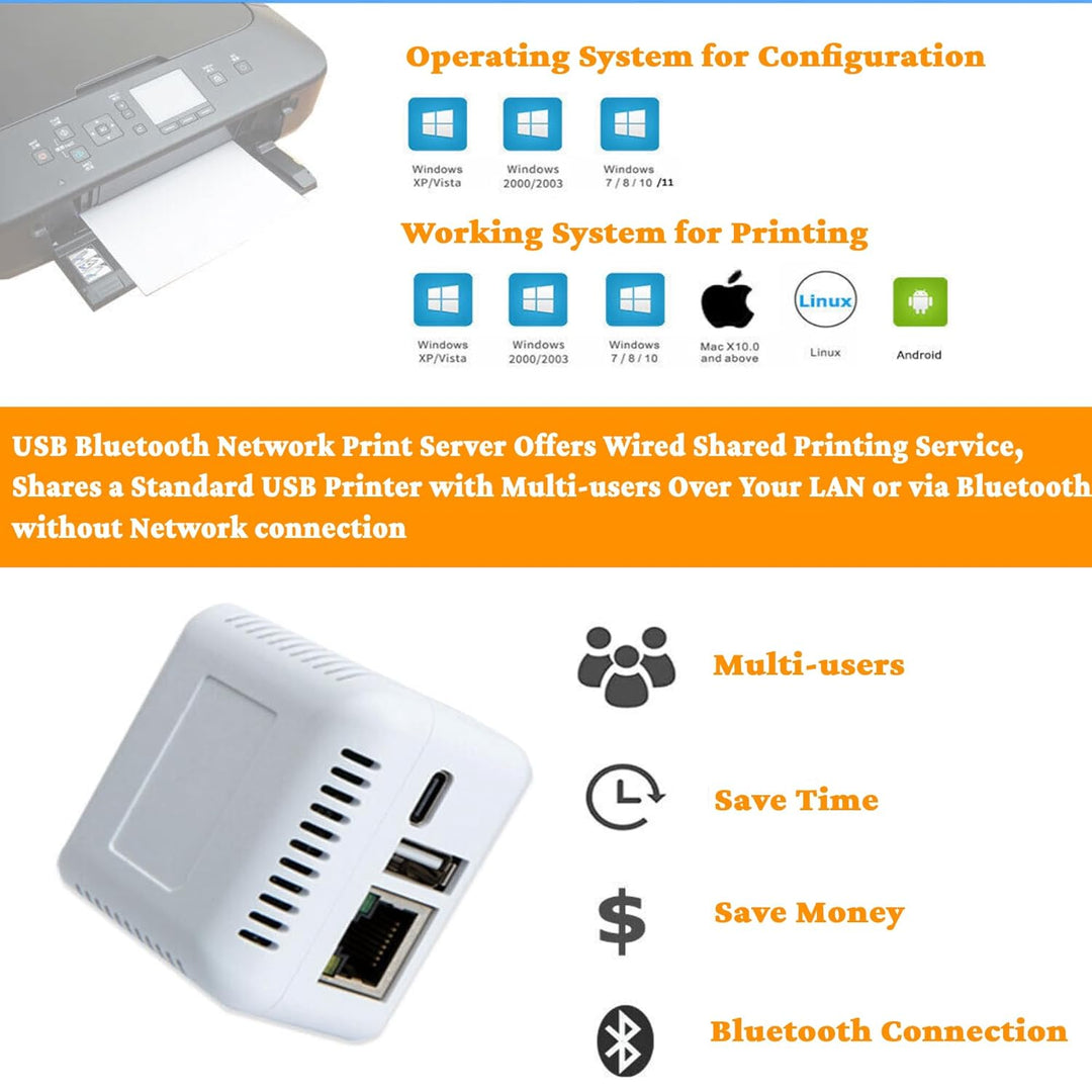 Bewinner Network Print Server – 10/100 Mbit/s auf USB 2.0 LAN Print Share Server-Adapter 5 V für Win