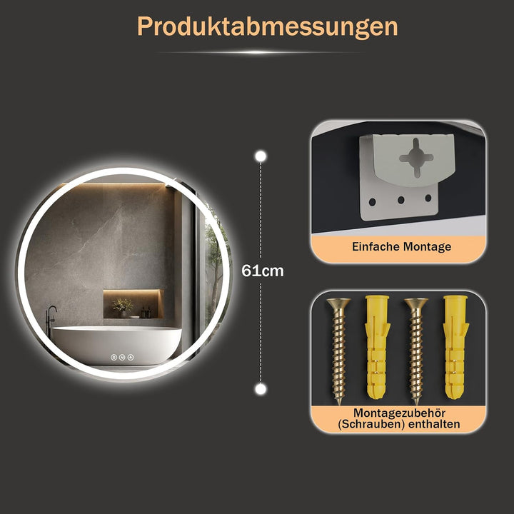 XRAMFY Badspiegel mit Beleuchtung 60cm*60cm, Antibeschlag, Rund Badezimmerspiegel mit Beleuchtung LE