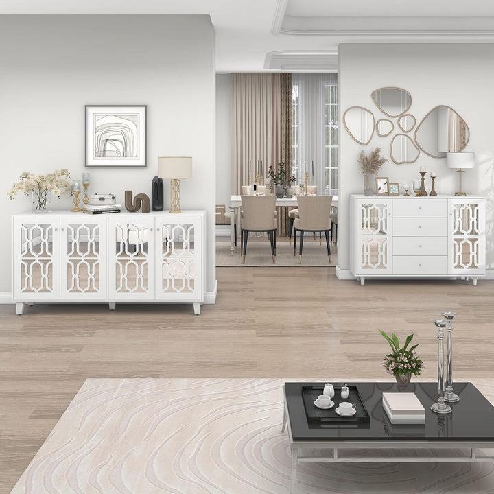 ModernLuxe - Weiss verspiegelte Sideboard mit Kristallgriffen, für Wohn- und Esszimmer (160 x 40 x 8