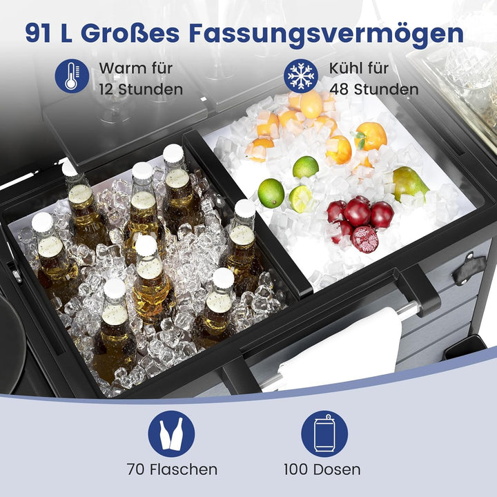 COSTWAY Kühlwagen, Getränkewagen mit 2 Seitenablagen, Flaschenöffner, unterer Ablage, Handtuchhalter