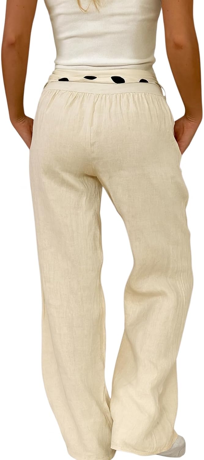 Mississhop Damen Leinenhose Freizeithose 100% Leinen Hose Elegante Stoffhose, XXL Beige