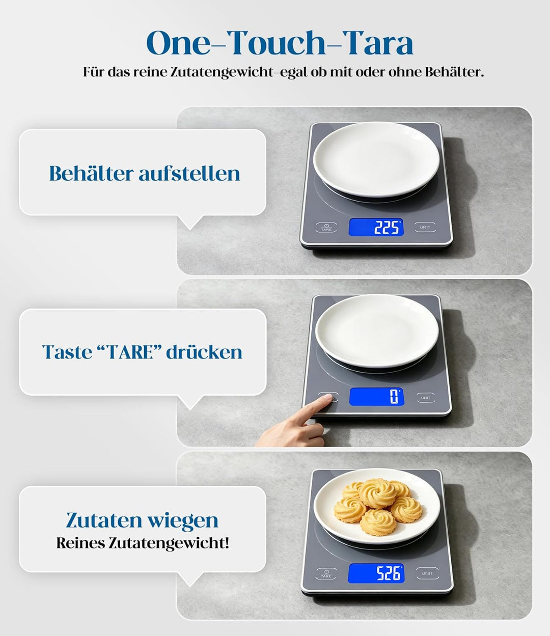 Küchenwaage Digital mit 15 kg Tragkraft, 5 Einheiten in g/ml/fl'oz, Präzise Waage Küche mit Grossem