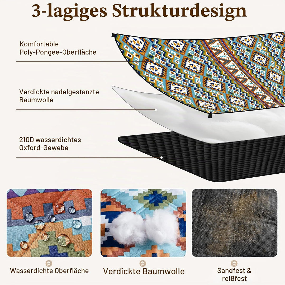 Gucass Boho Picknickdecke 200x200cm, Wasserdicht Stranddecke Sandfrei Strandmatte mit Tragegurt &amp; 4X