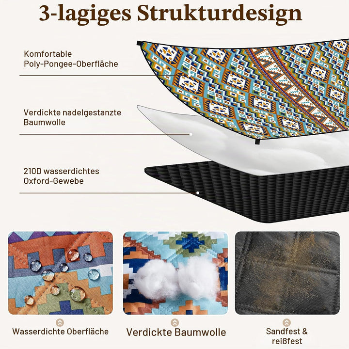 Gucass Boho Picknickdecke 200x200cm, Wasserdicht Stranddecke Sandfrei Strandmatte mit Tragegurt &amp; 4X