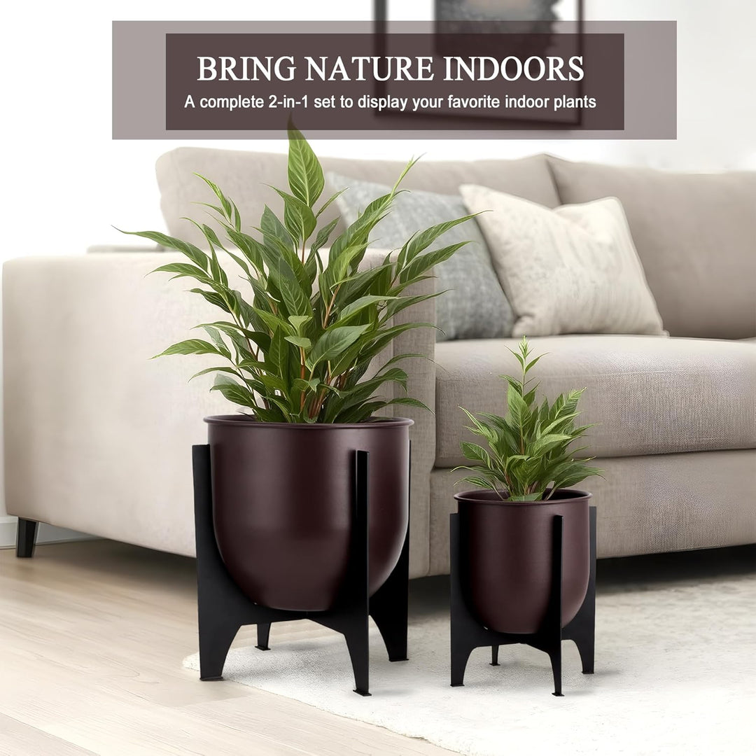 TRIROCKS 2er Set Blumentöpfe mit Metallständer 28/22cm Modern Indoor & Outdoor Pflanzgefässe für Woh
