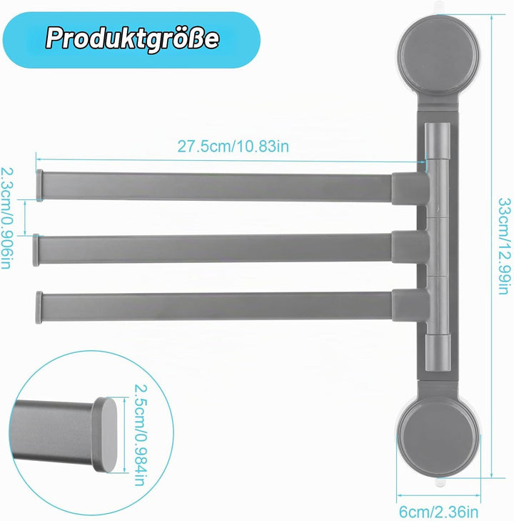 Handtuchhalter Ohne Bohren, 180° Schwenkbar 3 Armig Handtuchstange, Saugnapf Typ Towel Holder, Alumi