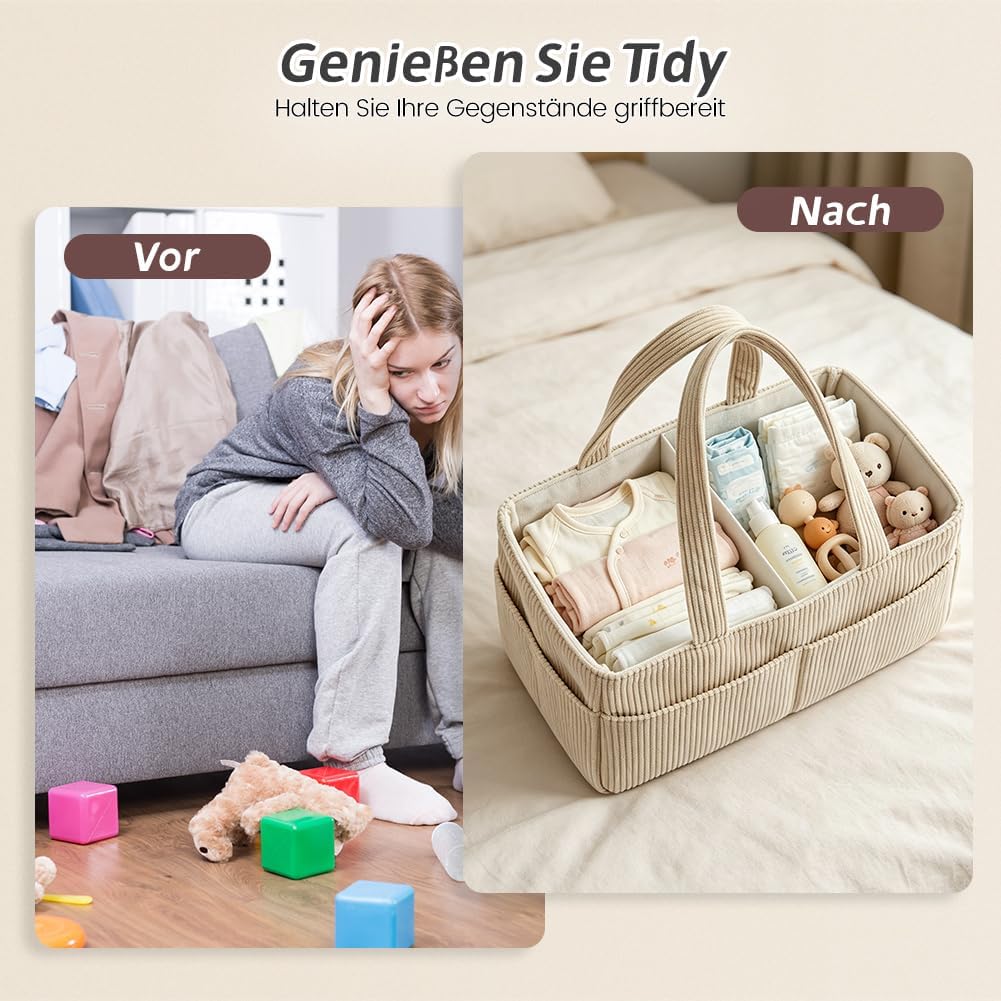 Generisch Wickelkorb Cord Beige, 18x23x36cm Wickelorganizer für Windeln, Feuchttücher und Babyartike