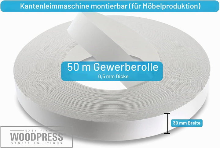 WoodPress® 30mm Mattweisse Melamin Kantenumleimer mit Schmelzkleber – 50m Industrielle Rolle – Einfa