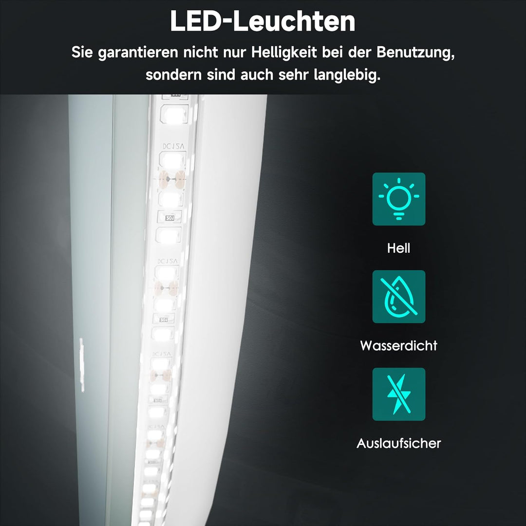 SONNI Badspiegel mit Beleuchtung Rund 80x80 cm, LED Spiegel mit Touch-Schalter und Dimmbar, Beschlag