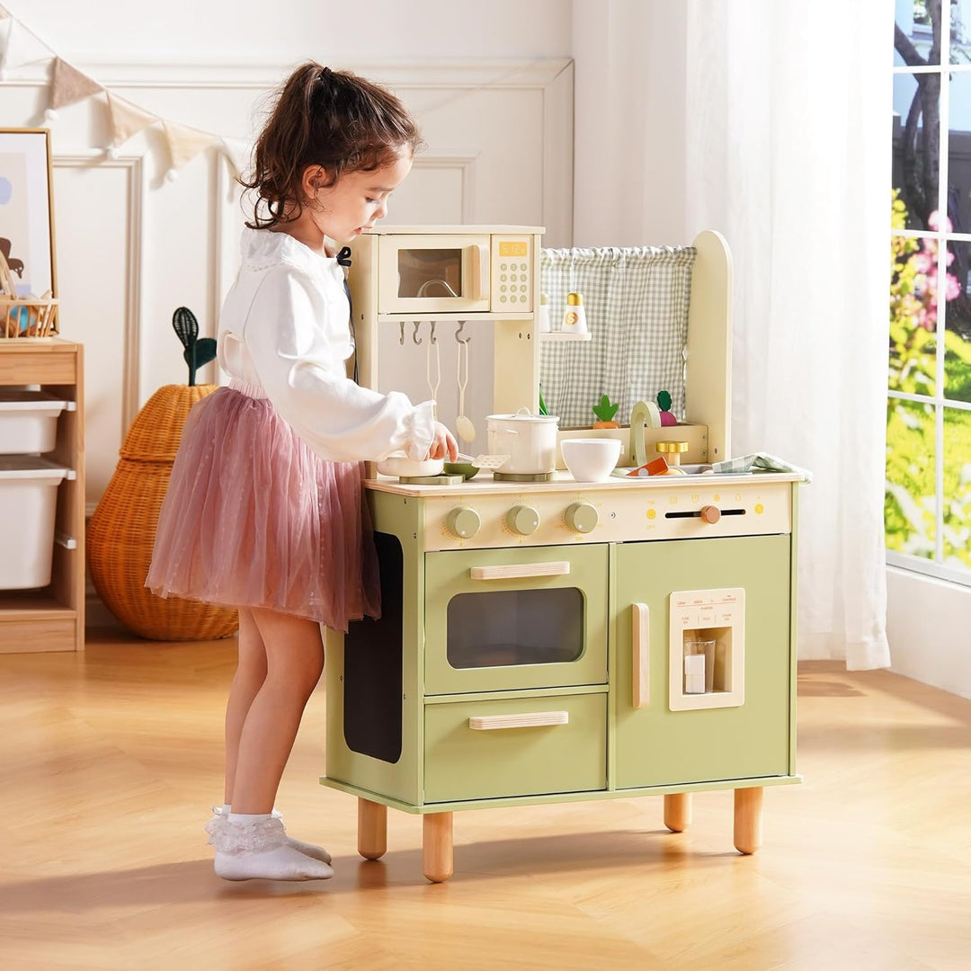 ROBUD Kinderküche aus Holz – Spielküche mit Kühlschrank, Eiswürfelspender, Backofen & Zubehör, Rolle