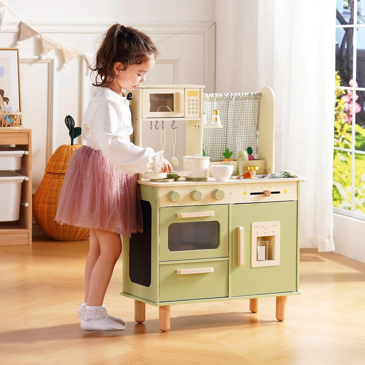 ROBUD Kinderküche aus Holz – Spielküche mit Kühlschrank, Eiswürfelspender, Backofen & Zubehör, Rolle