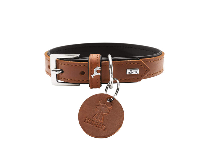 HUNTER LARVIK Hundehalsband, Leder, schlicht, elegant, komfortabel, 60 (M-L), cognac/schwarz cognac/