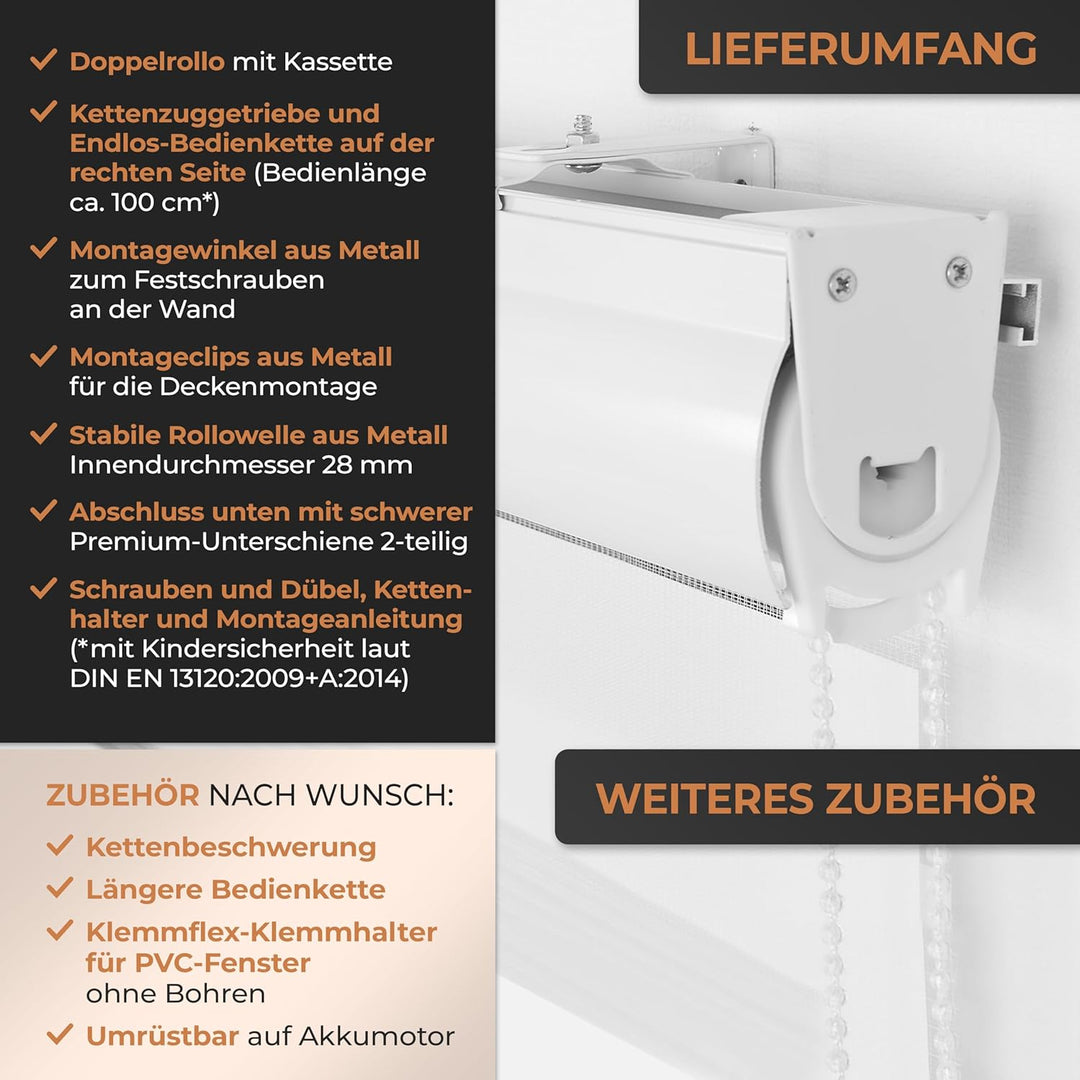 EFIXS Doppelrollo mit Kassette Montage Wand/Decke mit Bohren Breiten: 40-220, Höhe: bis 240 Hier: Bx