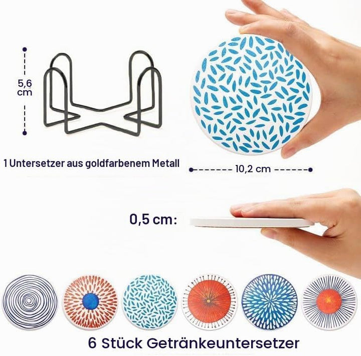 Untersetzer Gläser, Keramik untersetzer 6er Set, Saugfähig Kork Keramik Glasuntersetzer mit Halter f