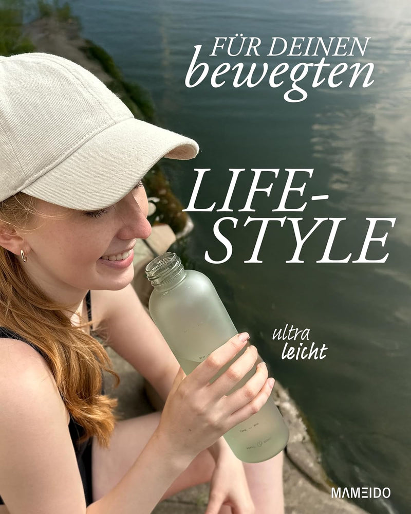 MAMEIDO Trinkflasche 1l & 1,5l Kohlensäure geeignet, auslaufsichere Trinkflasche mit Zeitmarkierung