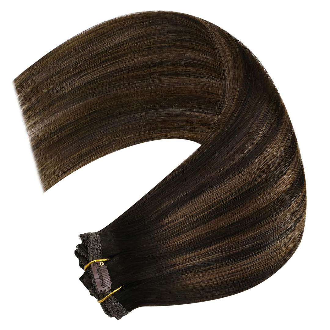 YoungSee 120g Clip in Extensions Echthaar Ombre 35 cm Echthaar Extensions Clip Braun Echthaar Clip i