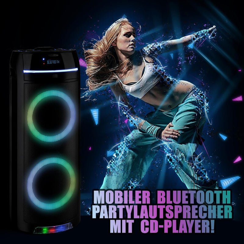 Party-Box PS10CD - mit Bluetooth, LED-Farb-Beleuchtung, FM-Radio und CD-Player - mitgeliefertes Mikr