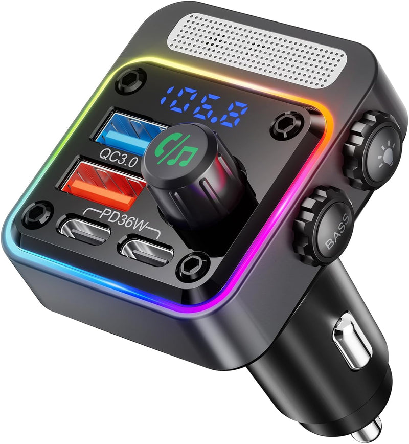 Nulaxy Bluetooth 5.3 FM Transmitter 54W [PD 36W & QC3.0 18W] Schnelles Autoladegerät mit 4 Ladeansch