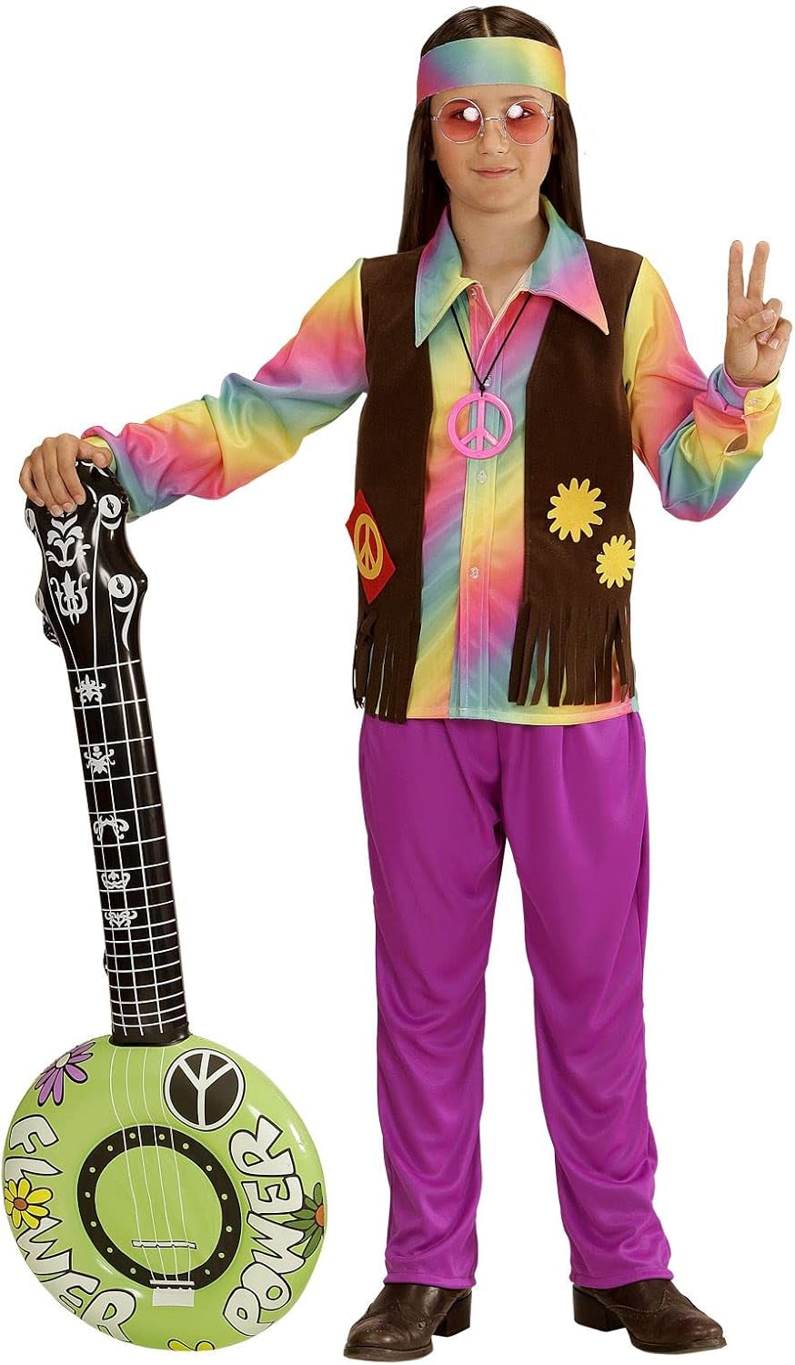 W WIDMANN MILANO Party Fashion - Kinderkostüm Hippie Junge, Shirt, angenähte Weste, Hose und Stirnba