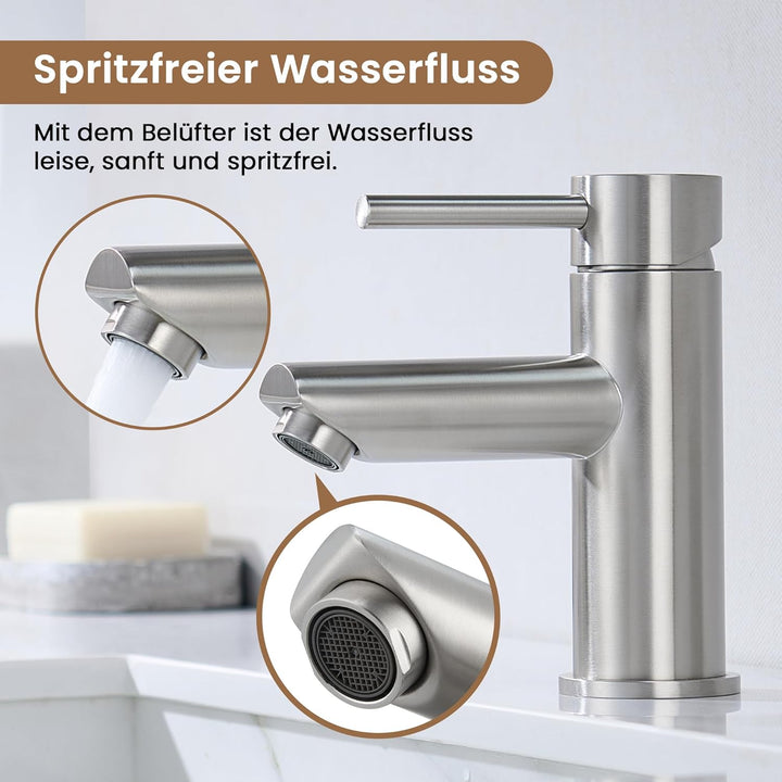 KPW Waschtischarmatur Edelstahl Gebürstet, Bad Wasserhahn mit 79mm Auslaufhöhe, Einhand-Mischbatteri
