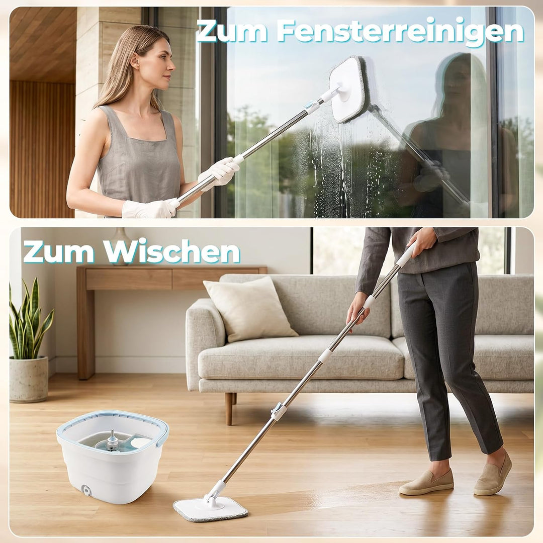 Wischmopp Set mit Eimer, Flachmopp mit Doppelkammer-System zur Trennung von Schmutz- und Frischwasse