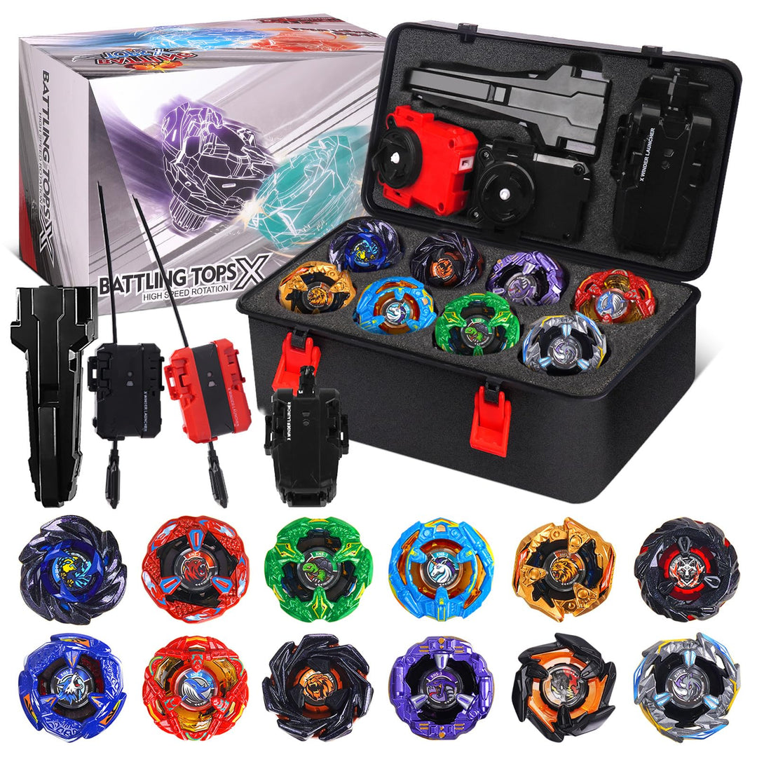 X Battle-Kreisel Set, 12 Spinning-Top-Spielzeuge mit 3 Launchern, 1 Griff & tragbarer Aufbewahrungst