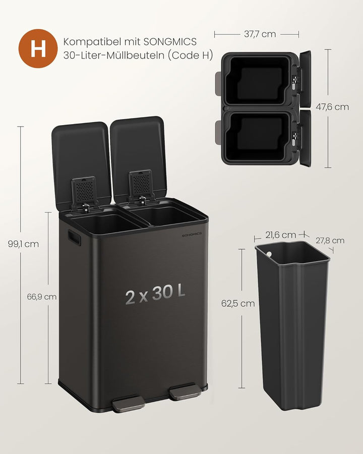 SONGMICS Mülleimer Küche, 2 x 30 Liter, 2 Fächer, Abfalleimer, Tretmülleimer, Küchenmülleimer mit So
