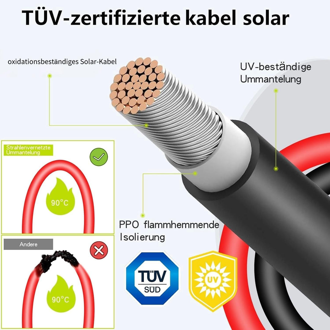 Tool-Free Solarkabel 4mm²/6mm²,Solarkabel Verlängerung 1/2/3/5/10M,PV Kabel(4mm2, 10m) 4mm²10M, 4mm&