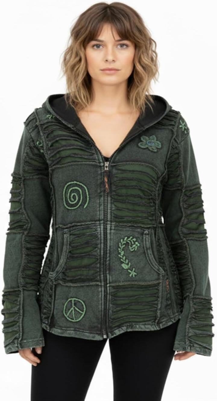 GURU SHOP Goa Patchwork Jacke, Kapuzenjacke, Damen, Baumwolle 38 Dunkelgrün, 38 Dunkelgrün