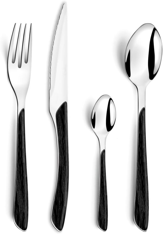 Amefa ECLAT Nature Besteckset, 24-teilig, Set für 6 Personen, Kunststoff Griffe in Holzoptik, Spülma