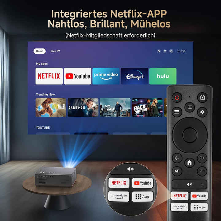 4K Smart Beamer mit integrierter Netflix-App, Kinoähnlichem Sound & HDR | KOGATA Auto-Fokus, 6D Keys