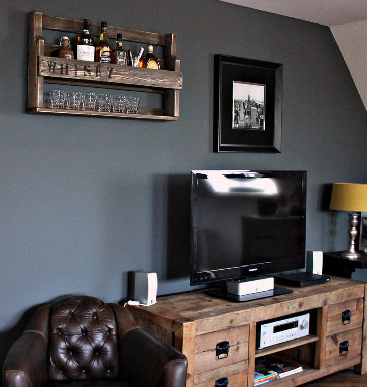 Dekorie Whisky Regal aus Holz - mit Gläserhalter und Whisky Schriftzug - Braun - Industrie Stil - fe