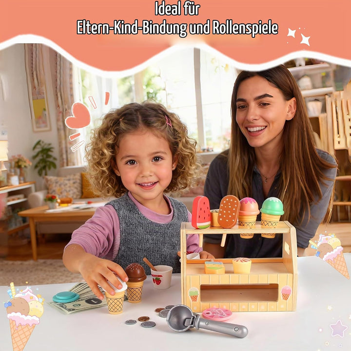 Eisdiele Kinder Holz, Eisladen Kinder Holz mit Eisstand, Langlebiges EIS Spielzeug für Kinder, Kinde