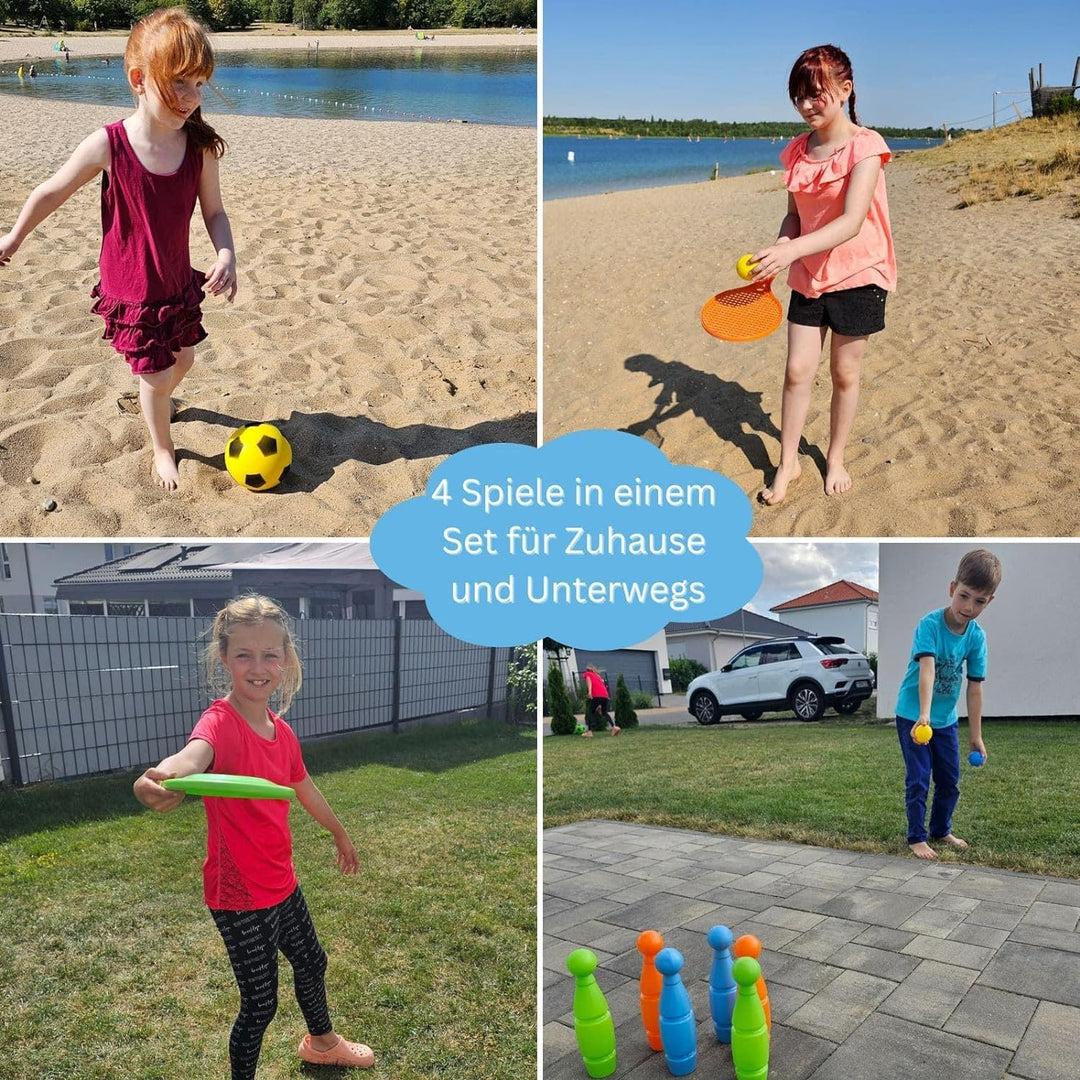 alldoro 60042 XXL-Outdoor-Spiel-Set, Kunststoff, mit Kegelspiel, Fussball, Wurfscheibe und Soft-Tenn