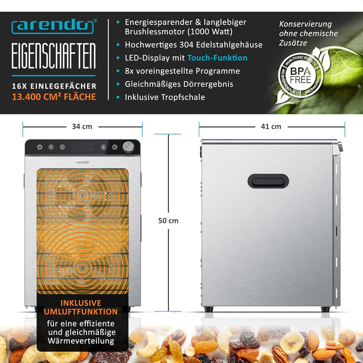 Arendo - Dörrautomat Edelstahl mit 16 Edelstahlgitter - 1000 Watt - 13400 cm² - 8 Programme - Dörrge